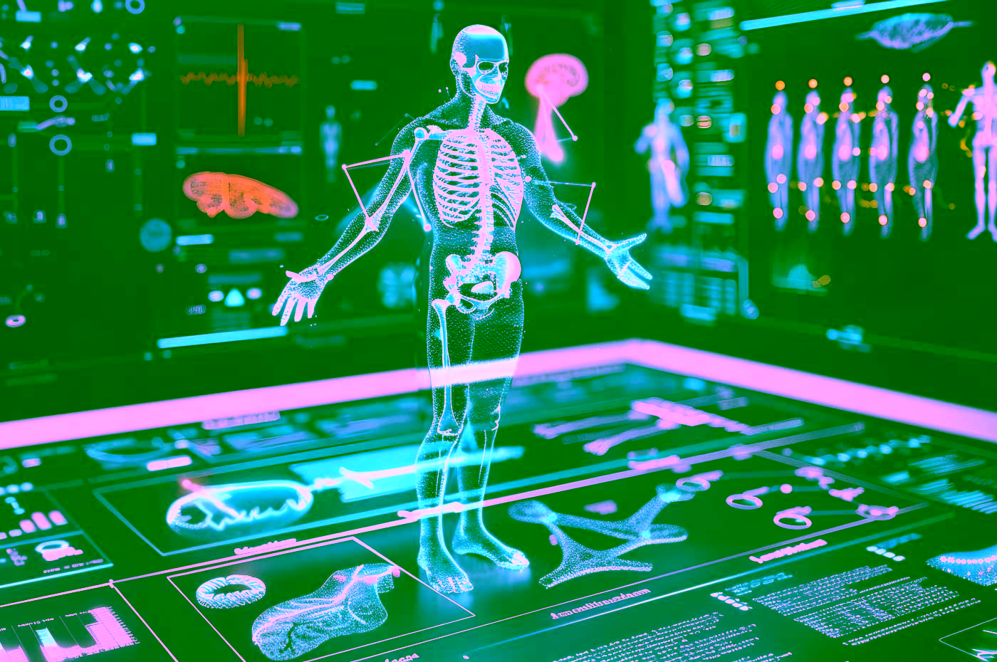 Digitalisierter Mensch als Hologramm mit medizinischen Graphen und Darstellungen auf Monitoren im Hintergrund